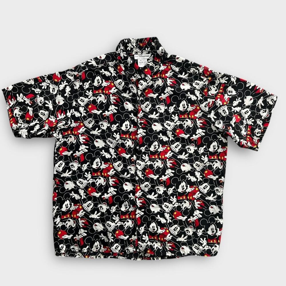 Vintage Disney Mickey Mouse Silk Button Up Shirt Mens Large Black All-Over Print
